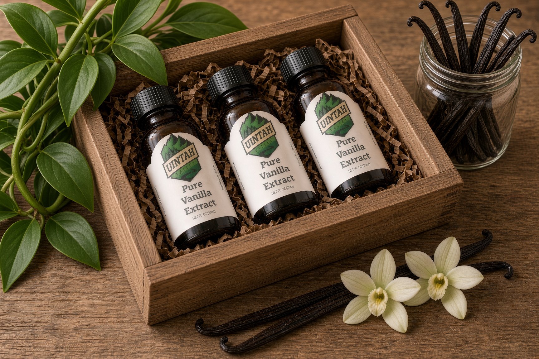 Three bottles of Uintah Valley Pure Vanilla Extract in a wooden gift box with vanilla beans and orchid flowers