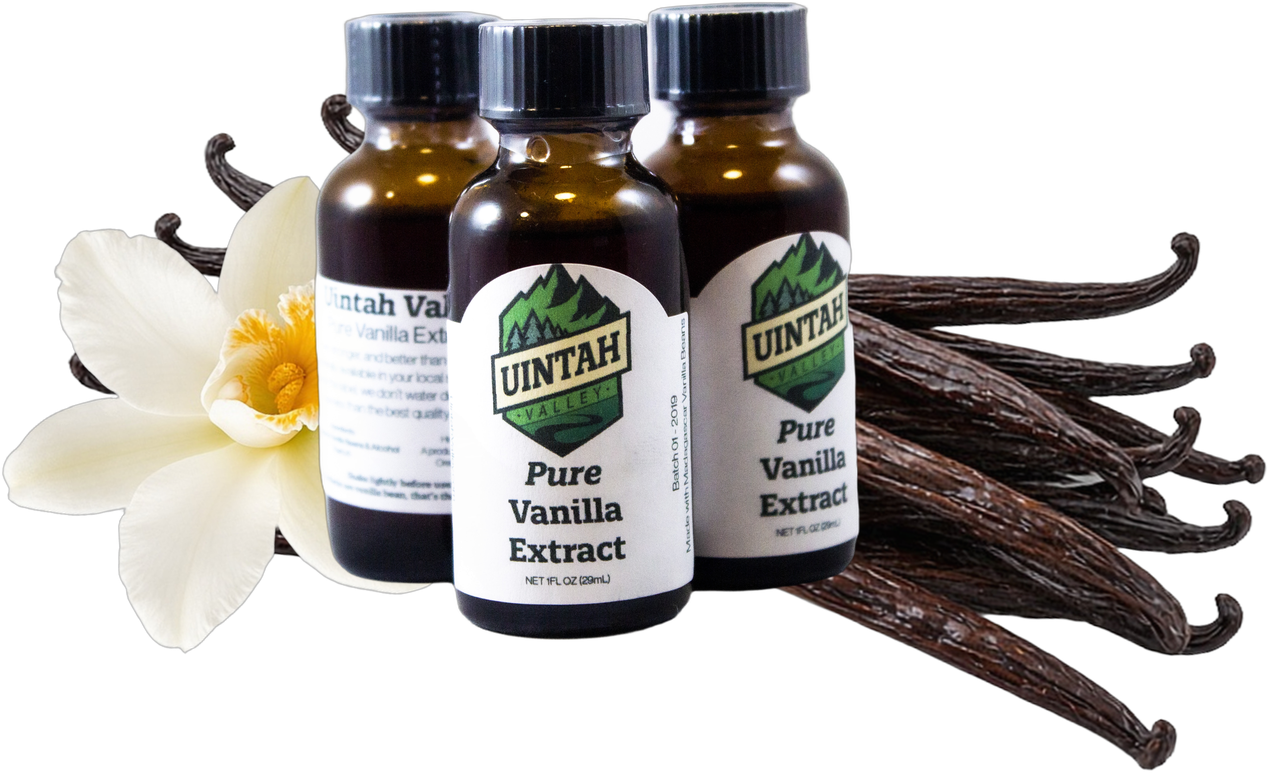 Vanilla orchid, three Uintah Valley extract bottles, and vanilla beans