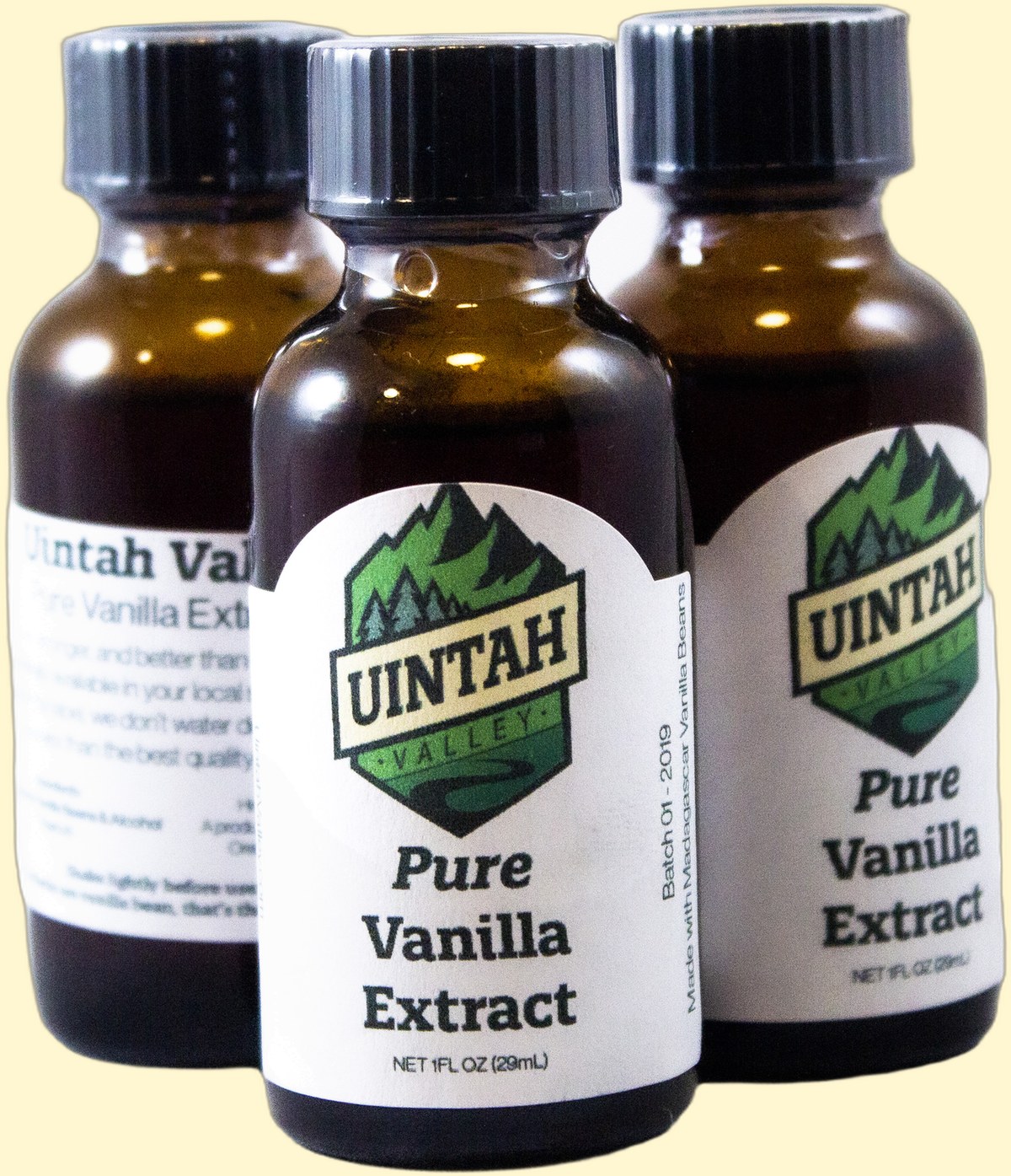 Three 1 fl oz bottles of Uintah Valley Pure Vanilla Extract